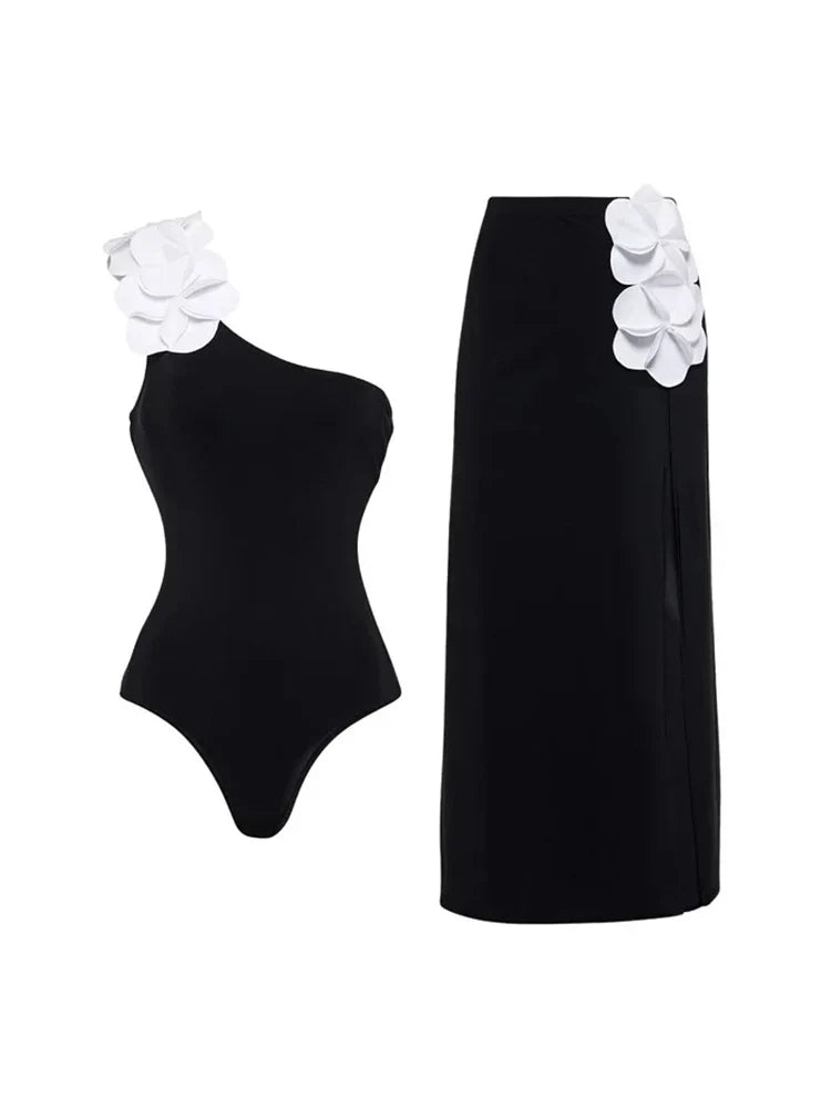 3D Floral One-Shoulder Black Swimsuit