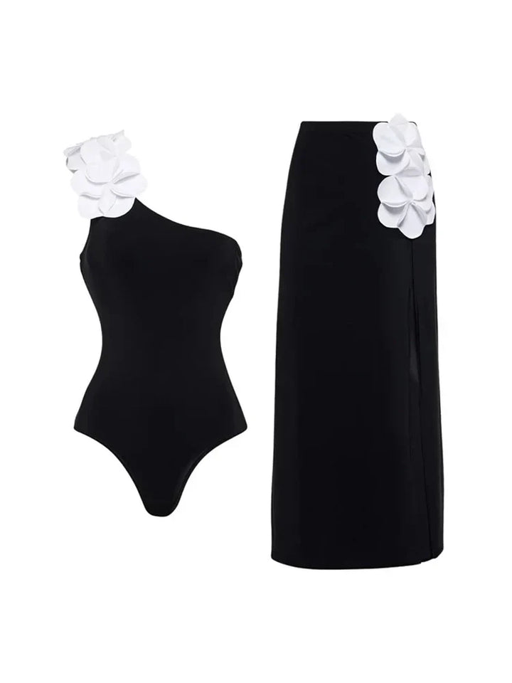 3D Floral One-Shoulder Black Swimsuit