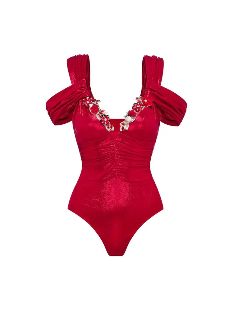 Red Glossy One-Piece with 3D Butterfly