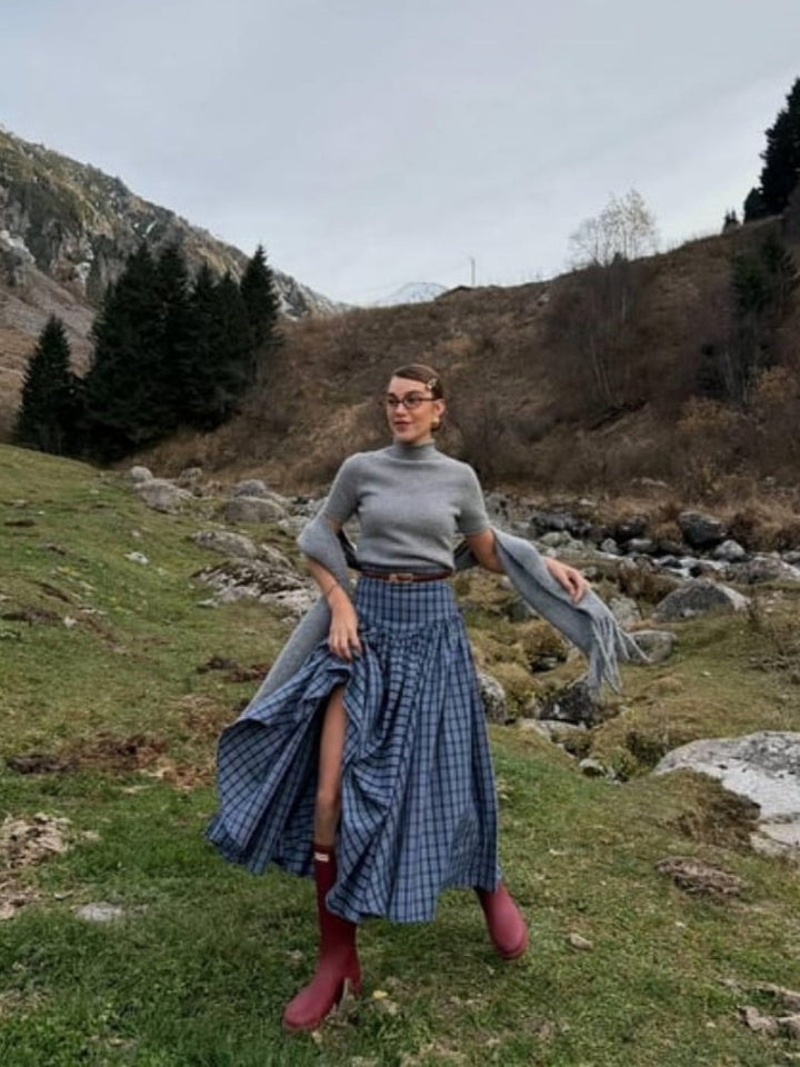 Navy Plaid High-Waist A-Line Skirt