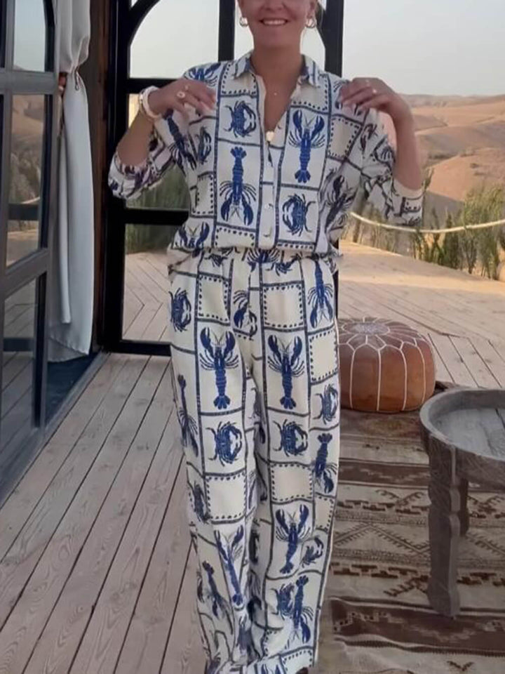 Unique Fun Lobster Pattern Printed Elastic Wide-Leg Pants