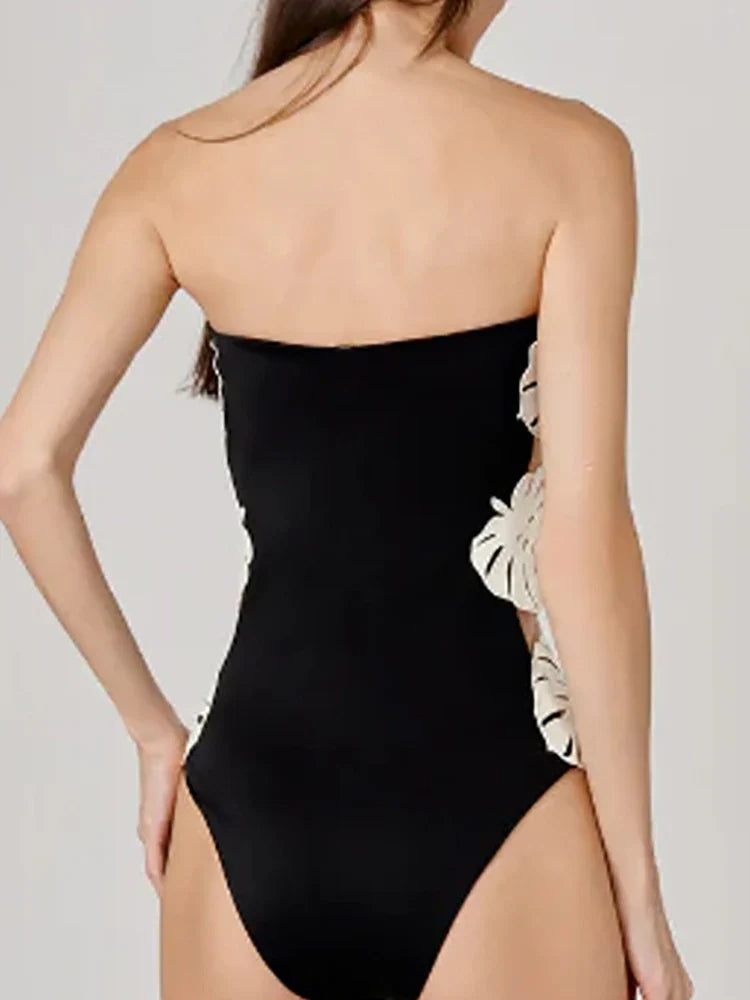 Leaf Patchwork Cutout Strapless Swimsuit