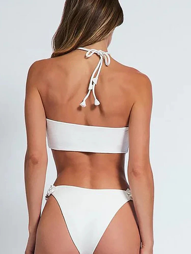 Halter Solid Color Floral Embellished Swimsuit