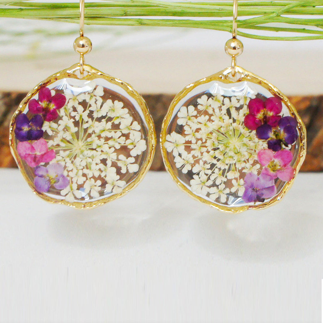Resin Pressed Flower Earrings - Queen Anne Lace Forget Me Not