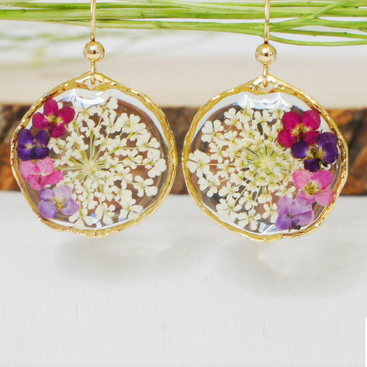 Resin Pressed Flower Earrings - Queen Anne Lace Forget Me Not