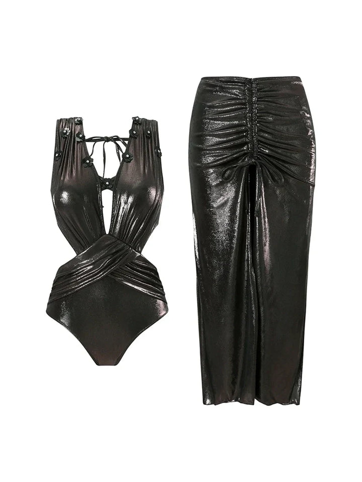 Black Sequin Appliqué Cutout Glossy Swimsuit