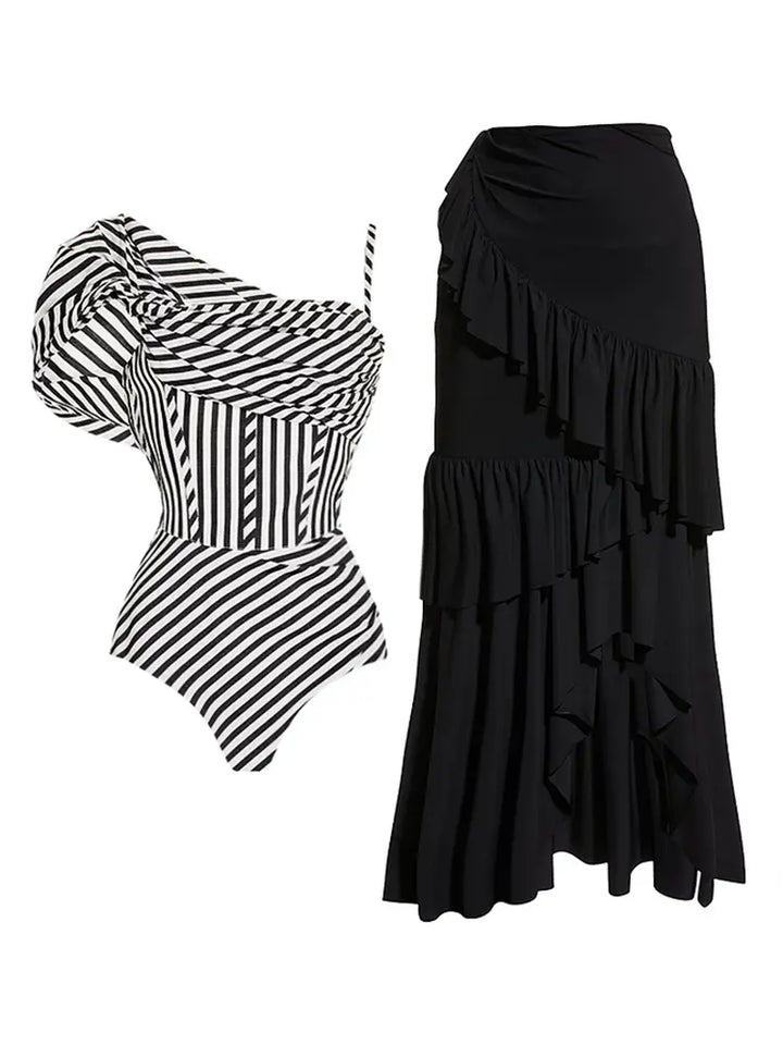 Off Shoulder Striped Print Swimsuit Set