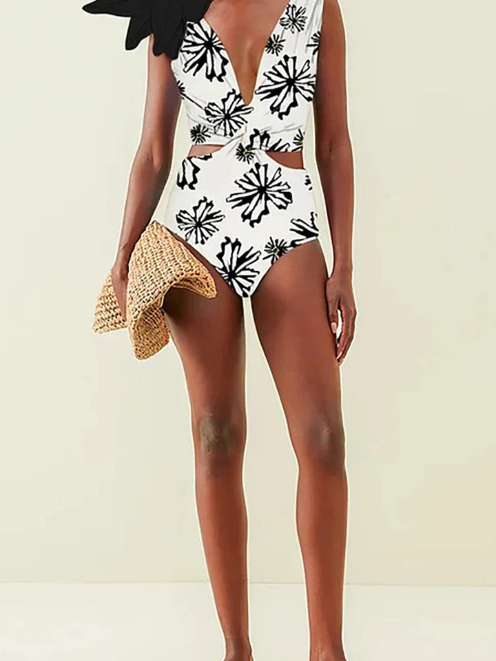 Floral Appliqué Printed White One-Piece Swimsuit