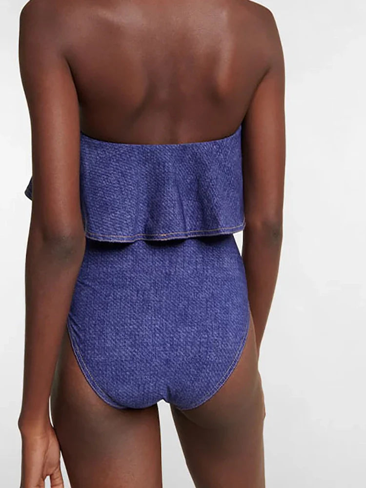 Denim Bandeau One Piece Swimsuit Set
