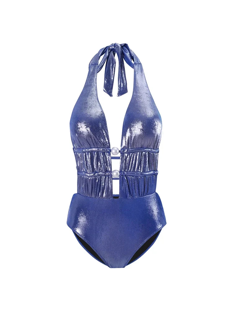 Glossy Mist Deep V Halter Pearl Swimsuit