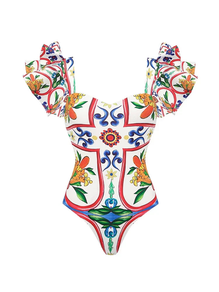 Ruffle Enamel Floral Print Swimsuit Set