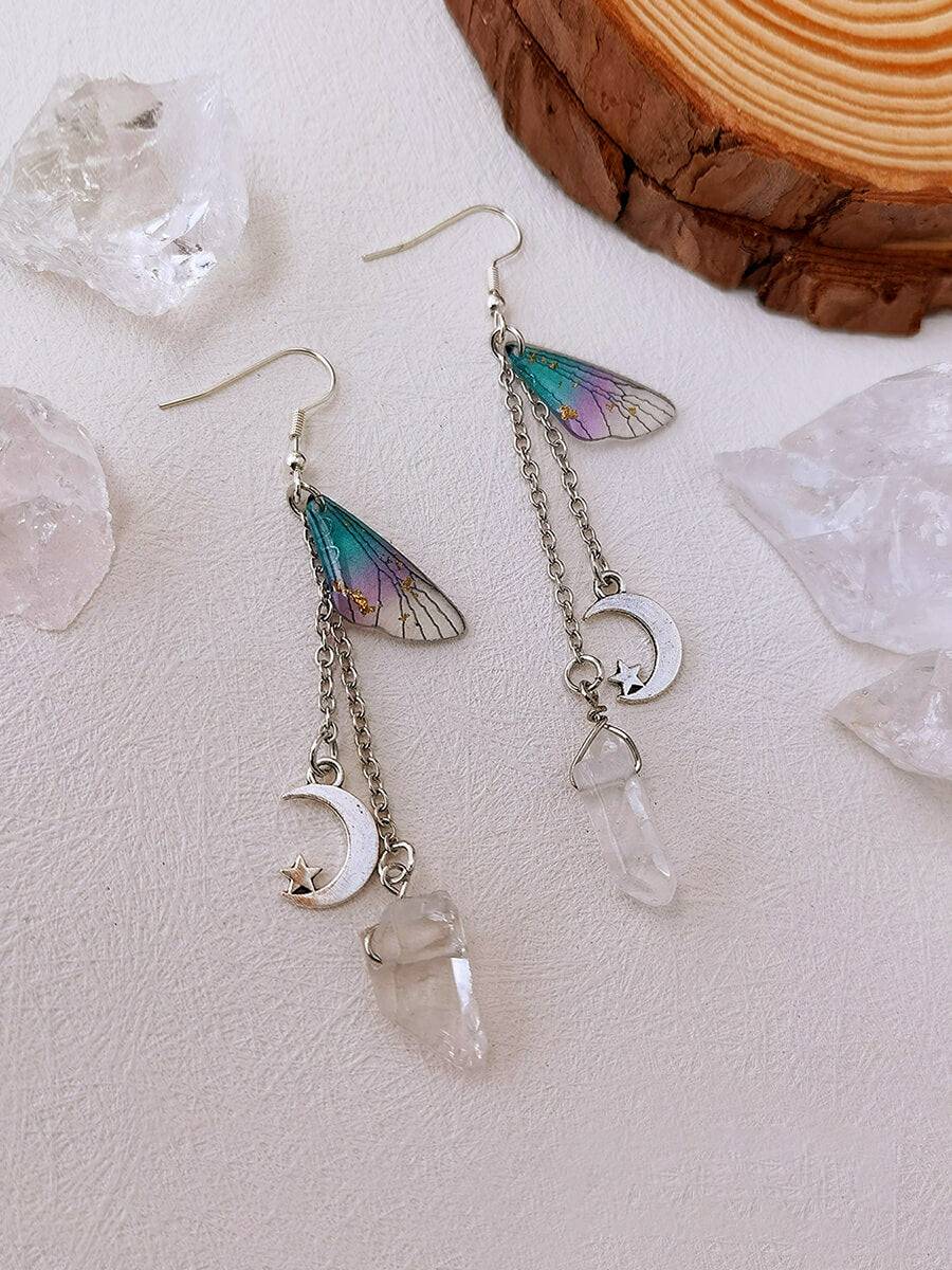 Butterfly Wing Moon Crystal Tassel Boho Earrings