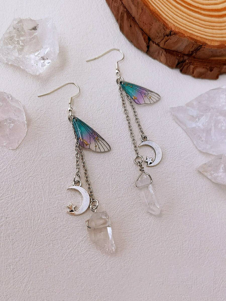 Butterfly Wing Moon Crystal Tassel Boho Earrings