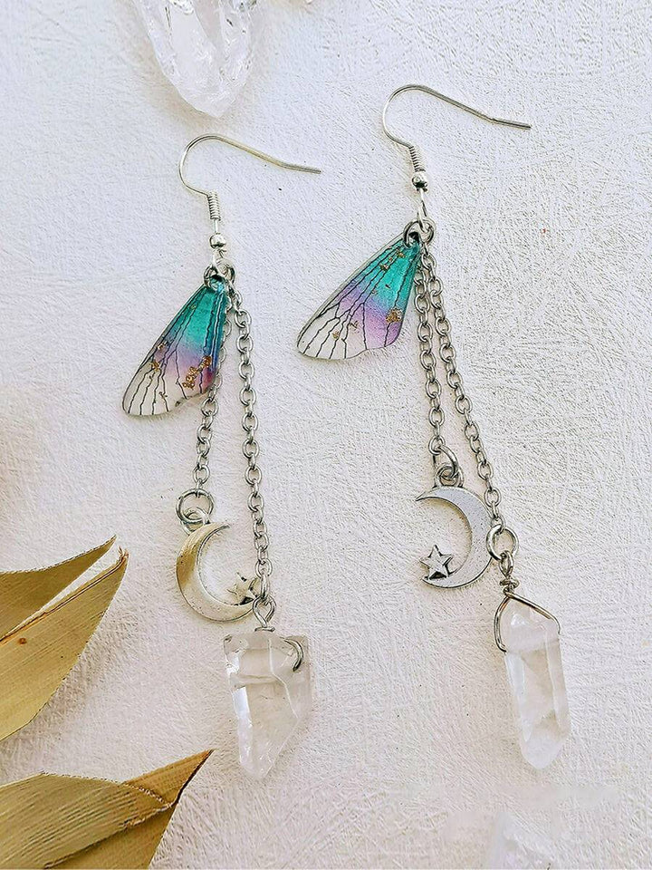Butterfly Wing Moon Crystal Tassel Boho Earrings