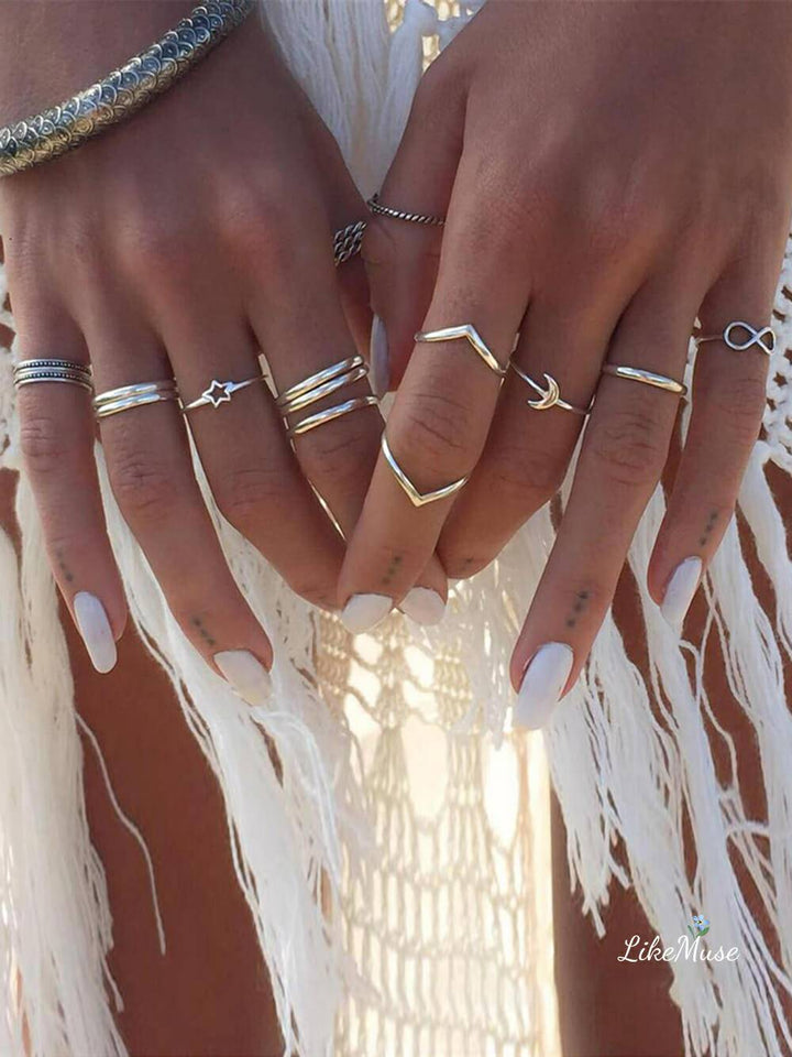 Boho Rings - Geometric Star & Moon Set 12pcs
