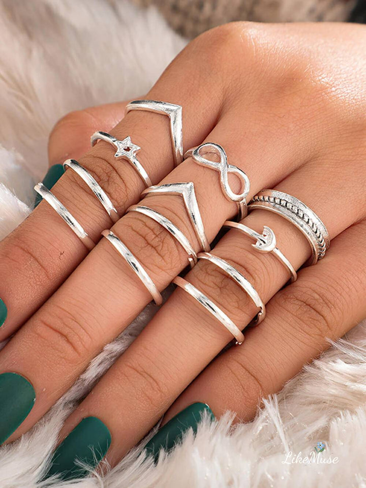 Boho Rings - Geometric Star & Moon Set 12pcs
