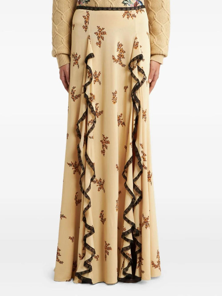 Floral Printed Ruffled Lace Trim Maxi Skirt