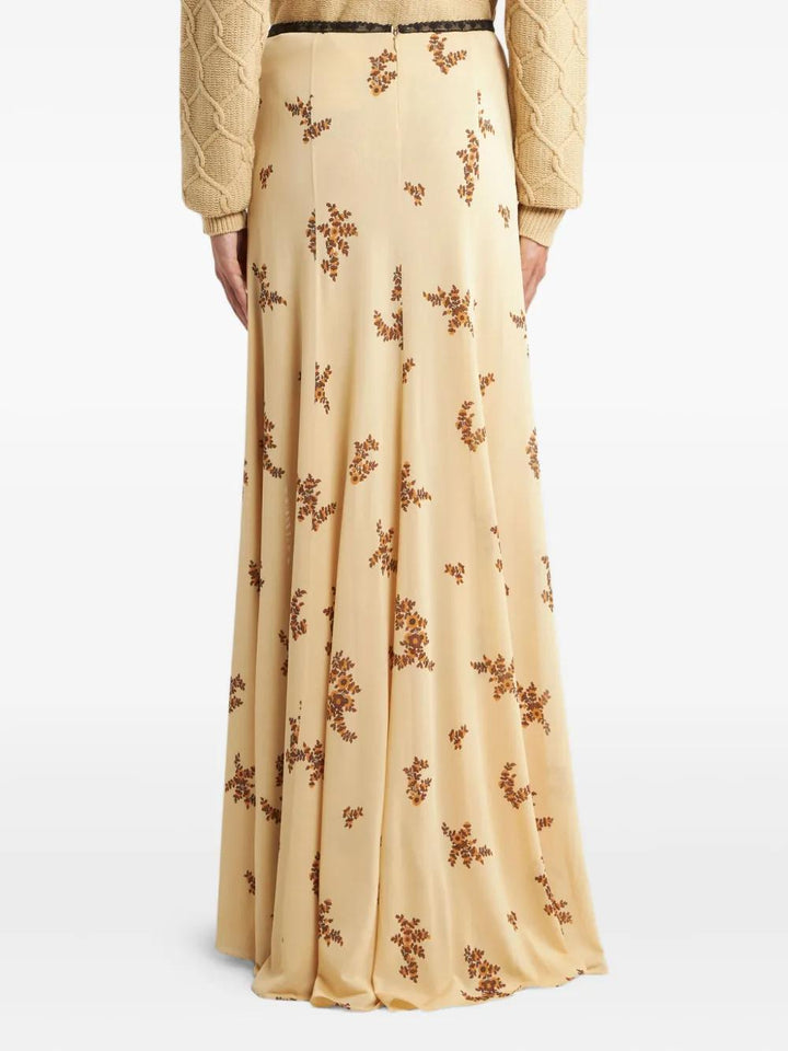 Floral Printed Ruffled Lace Trim Maxi Skirt