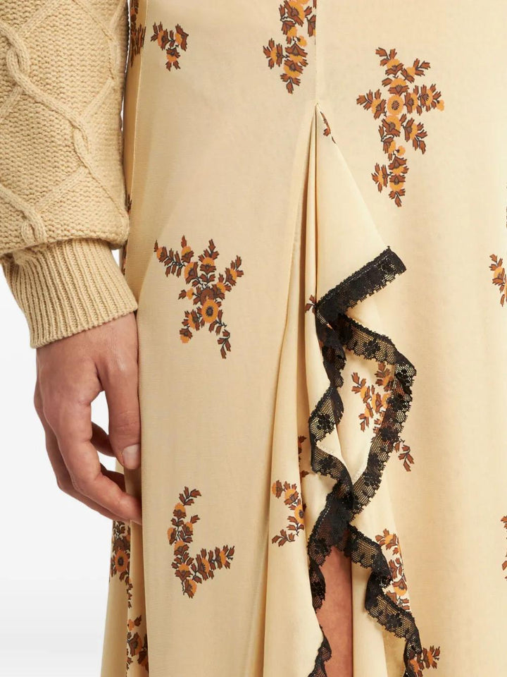 Floral Printed Ruffled Lace Trim Maxi Skirt