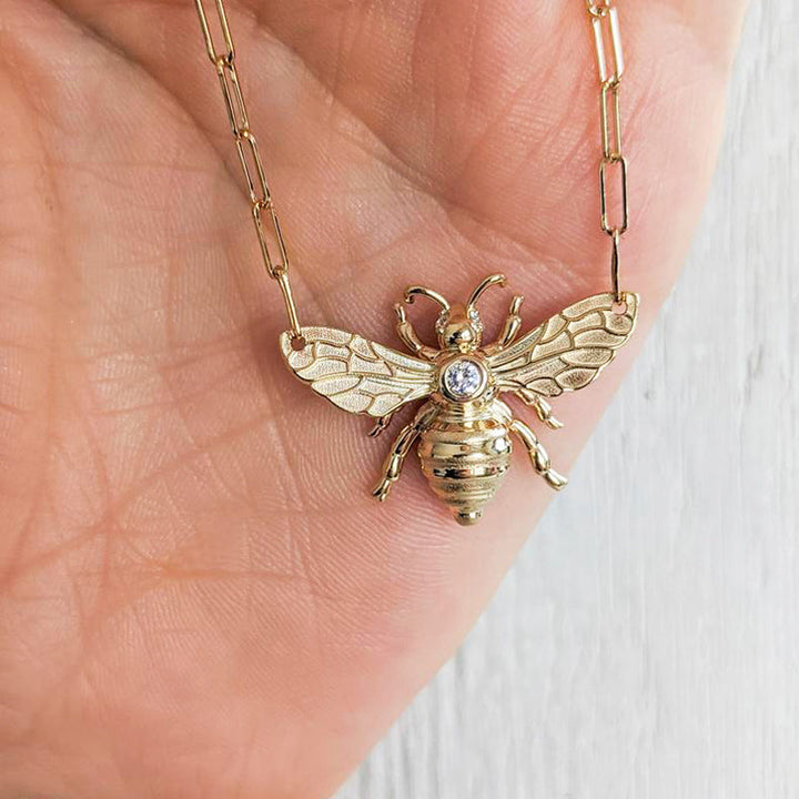 Statement Boho Necklace - Bee Zircon Paperclip Chain