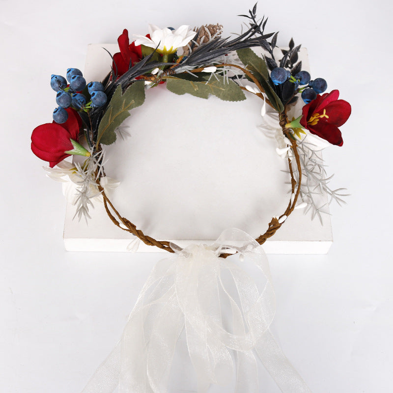 Bridal Flower Crown - Christmas Red Roses Pine Cones Blueberry