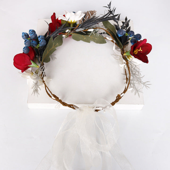 Bridal Flower Crown - Christmas Red Roses Pine Cones Blueberry