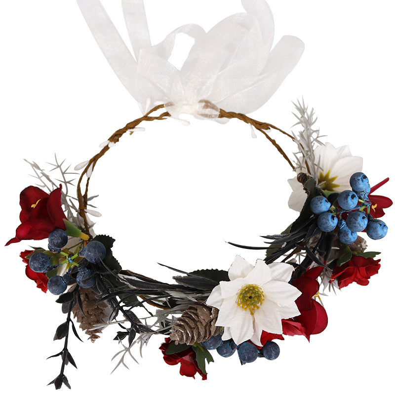 Bridal Flower Crown - Christmas Red Roses Pine Cones Blueberry