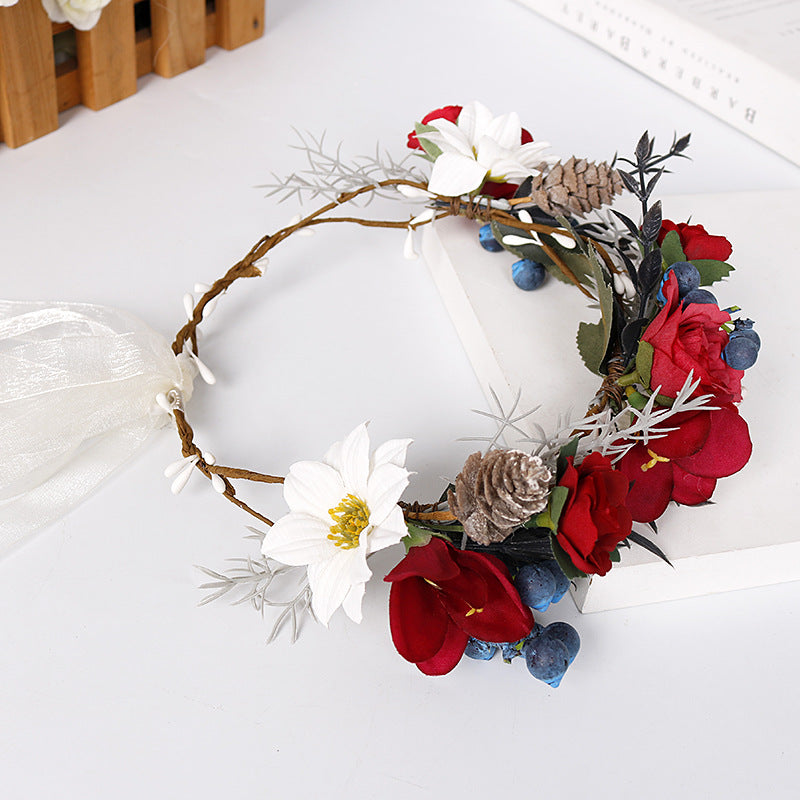 Bridal Flower Crown - Christmas Red Roses Pine Cones Blueberry