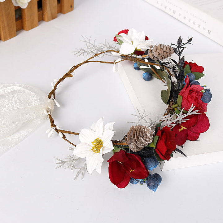Bridal Flower Crown - Christmas Red Roses Pine Cones Blueberry