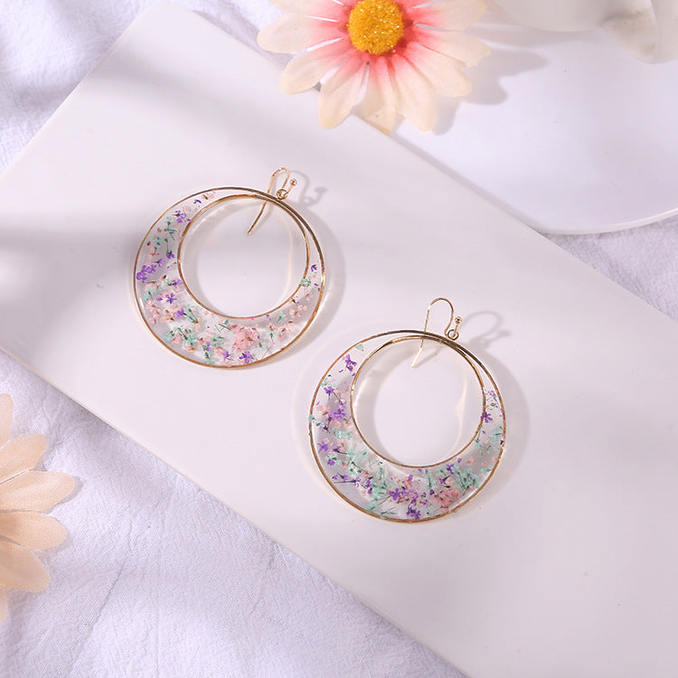 Resin Pressed Flower Earrings - Large Hoop Queen Anne Lace