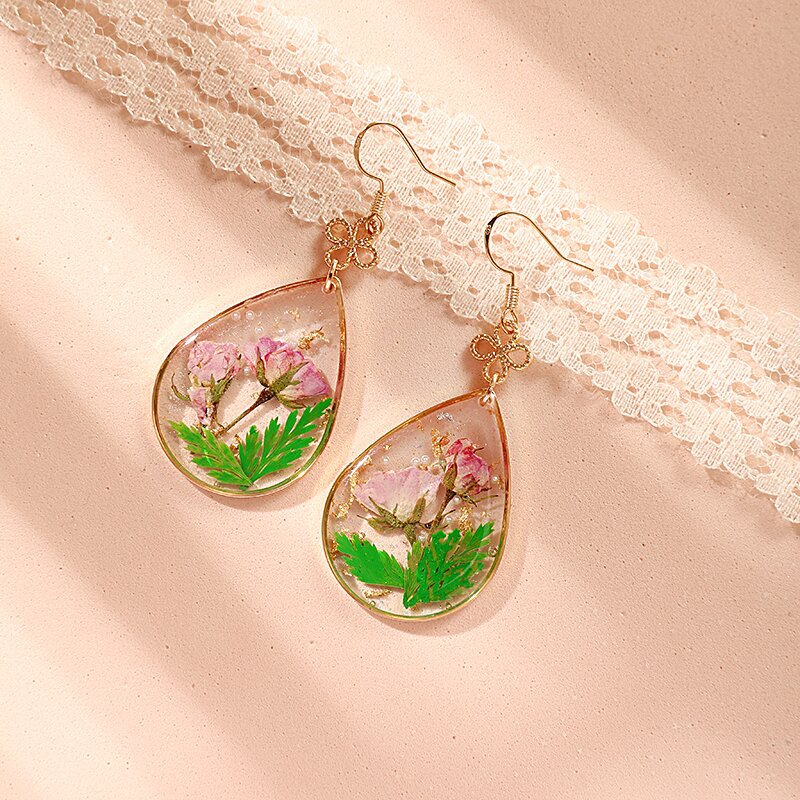 Resin Pressed Flower Earrings - Peace Knot Roses & Ferns