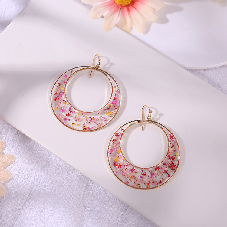 Resin Pressed Flower Earrings - Large Hoop Queen Anne Lace