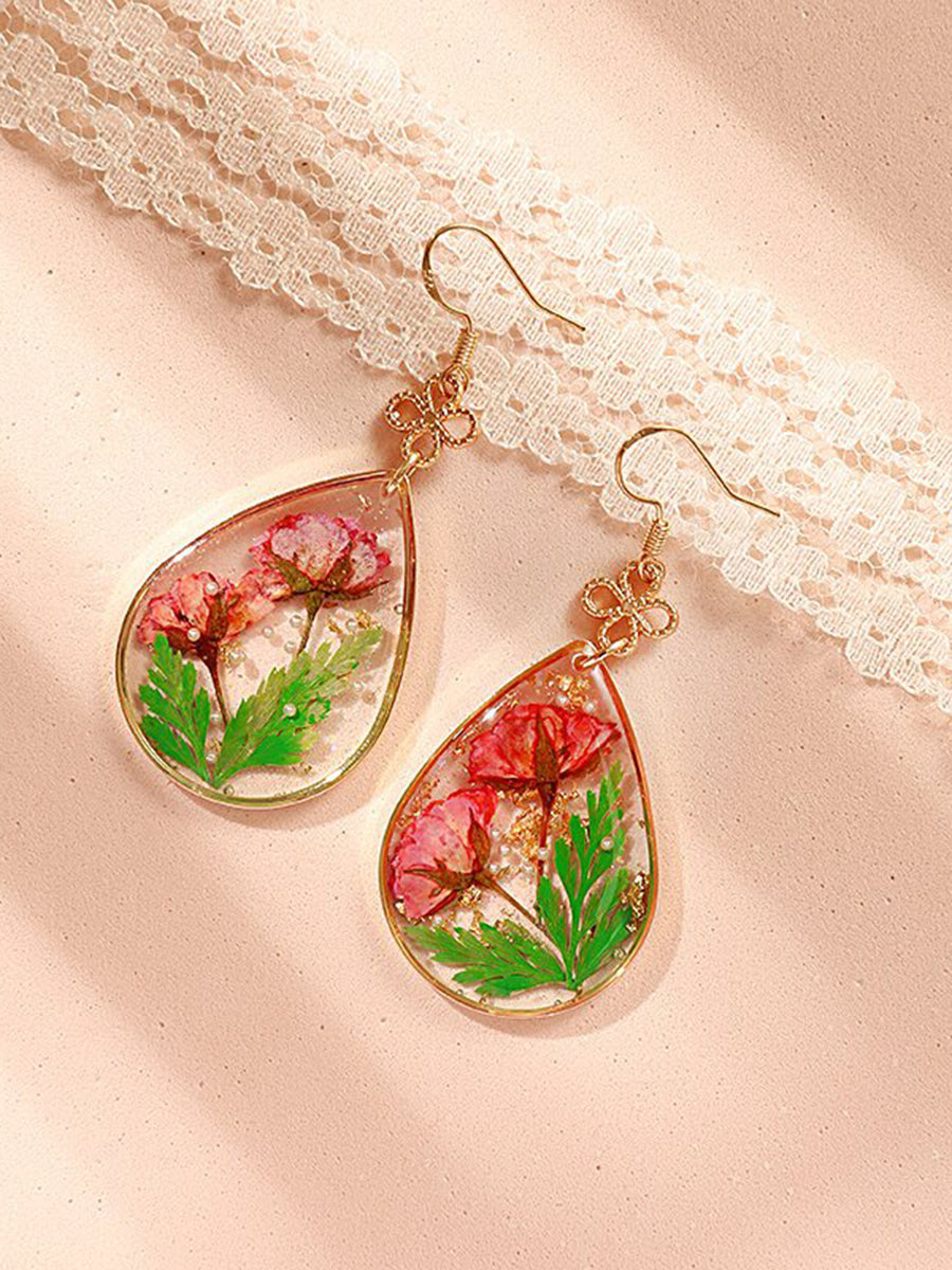 Resin Pressed Flower Earrings - Peace Knot Roses & Ferns