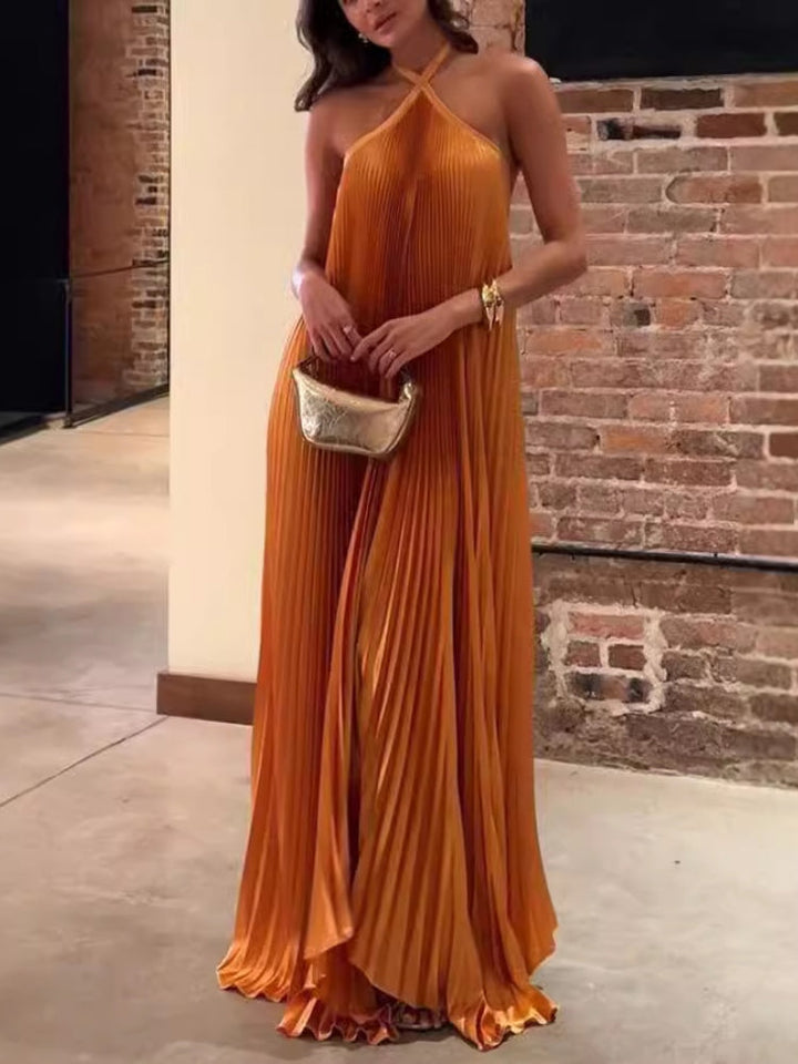 Halter Backless Pleated Dress
