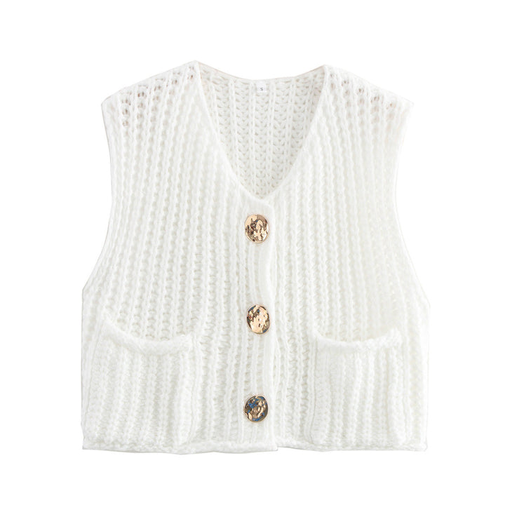 Large Buttons Solid Color Knit Vest Cardigan
