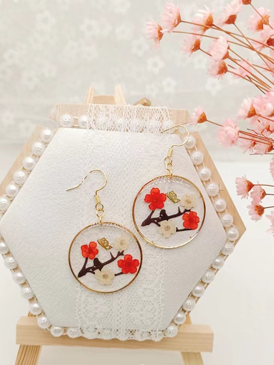 Resin Pressed Flower Earrings - Branch Plum & Butterfly