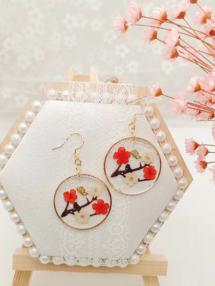 Resin Pressed Flower Earrings - Branch Plum & Butterfly