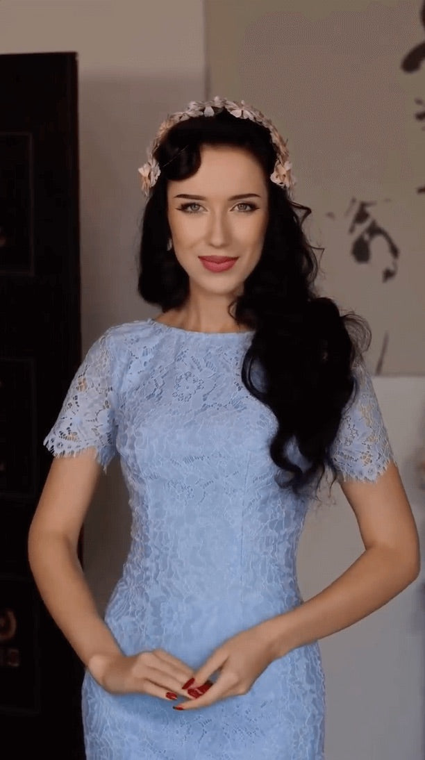 Blue Vintage Lace Elegant Midi Dress