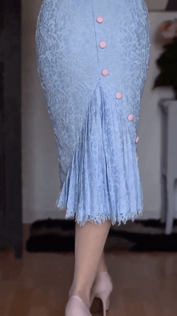Blue Vintage Lace Elegant Midi Dress