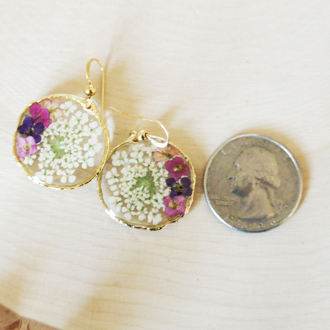 Resin Pressed Flower Earrings - Queen Anne Lace Forget Me Not