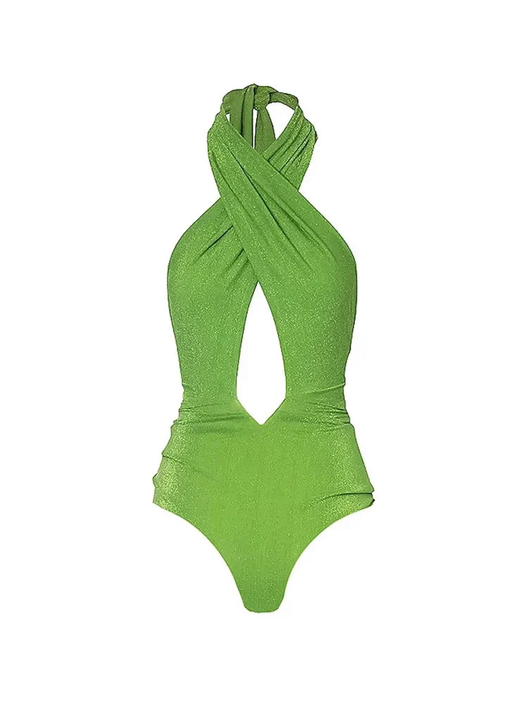 Sparkling Fabric Halter Neck Sexy Swimsuit Set