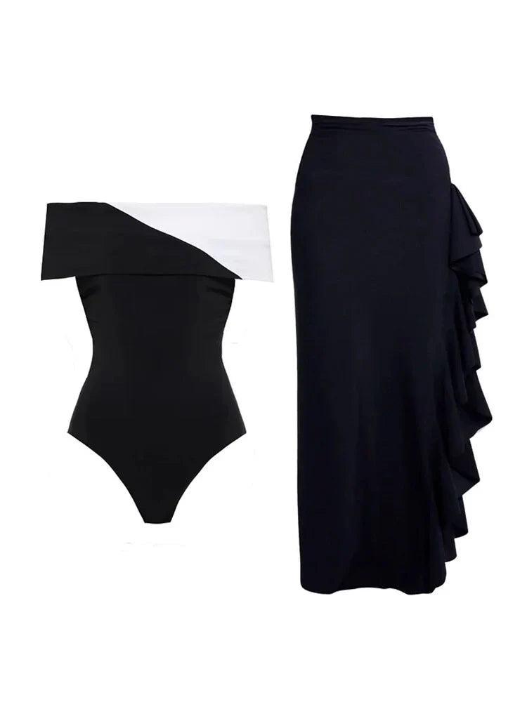 Colorblock Minimal One Piece Swimsuit Set