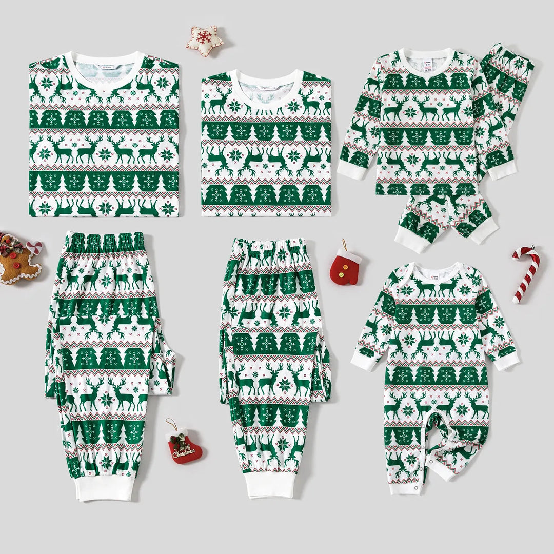 Green Christmas Elk Fmalily Matching Pajamas Sets (with Pet's dog)