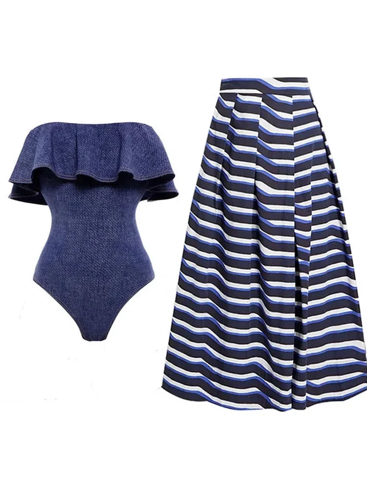 Denim Bandeau One Piece Swimsuit Set