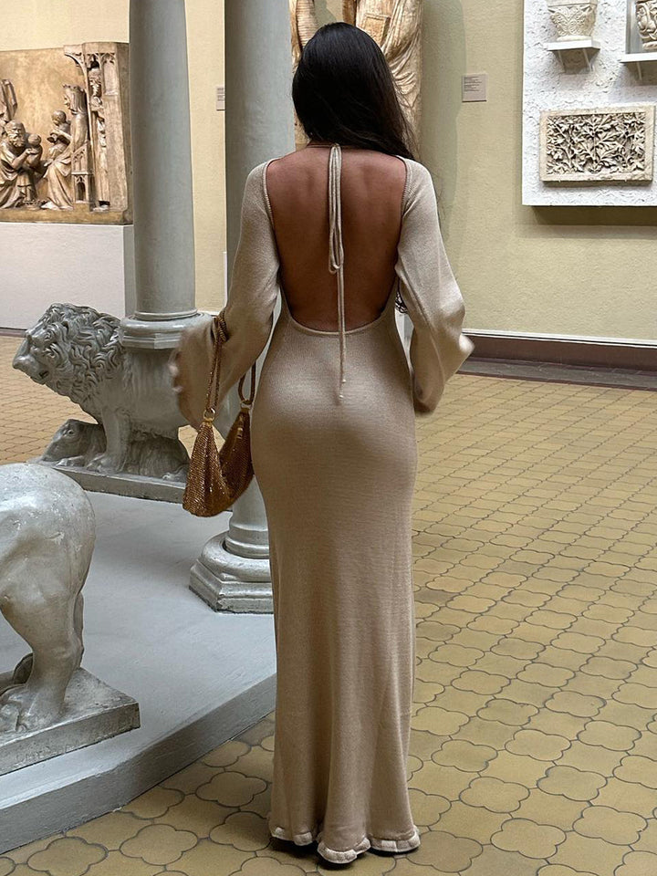 Elegant Solid Backless Maxi Dress
