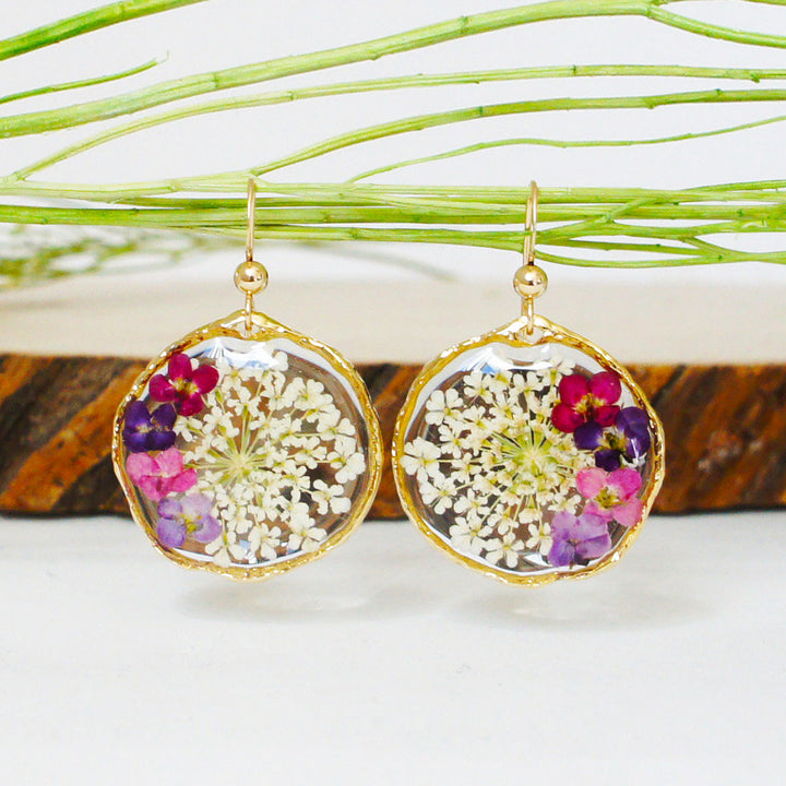 Resin Pressed Flower Earrings - Queen Anne Lace Forget Me Not