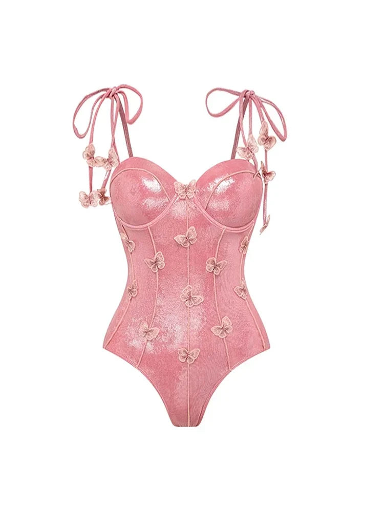Pink Glossy One-Piece with 3D Butterfly
