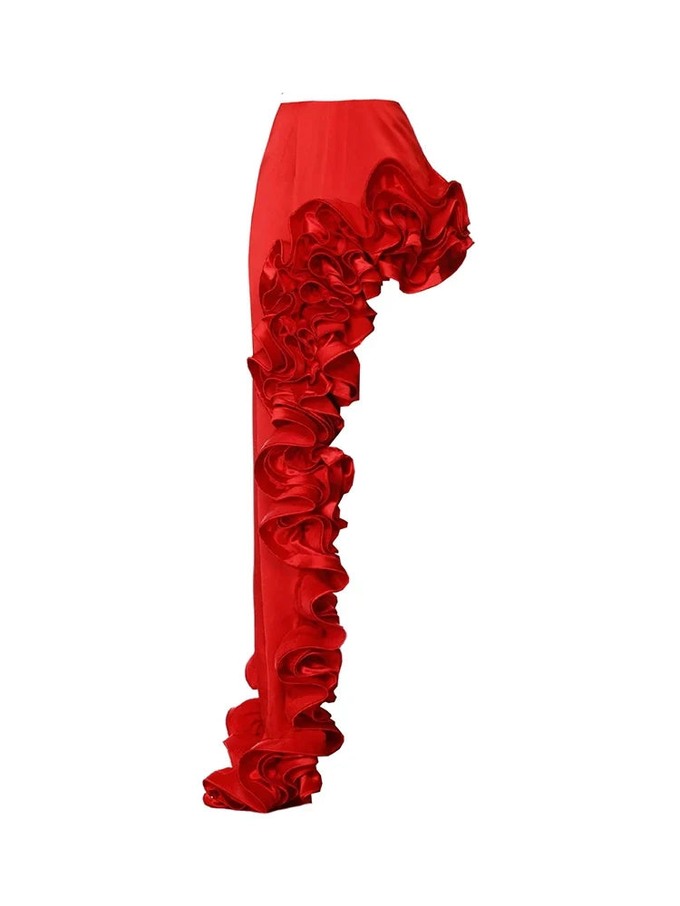 Ruffled V-Neck Red Asymmetrical Swimsuit Set