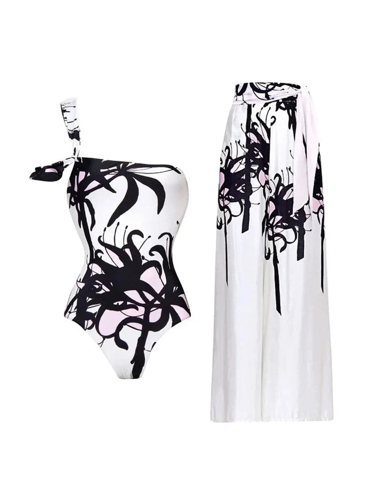 Chinese Ink Print One Piece Swimsuit Set