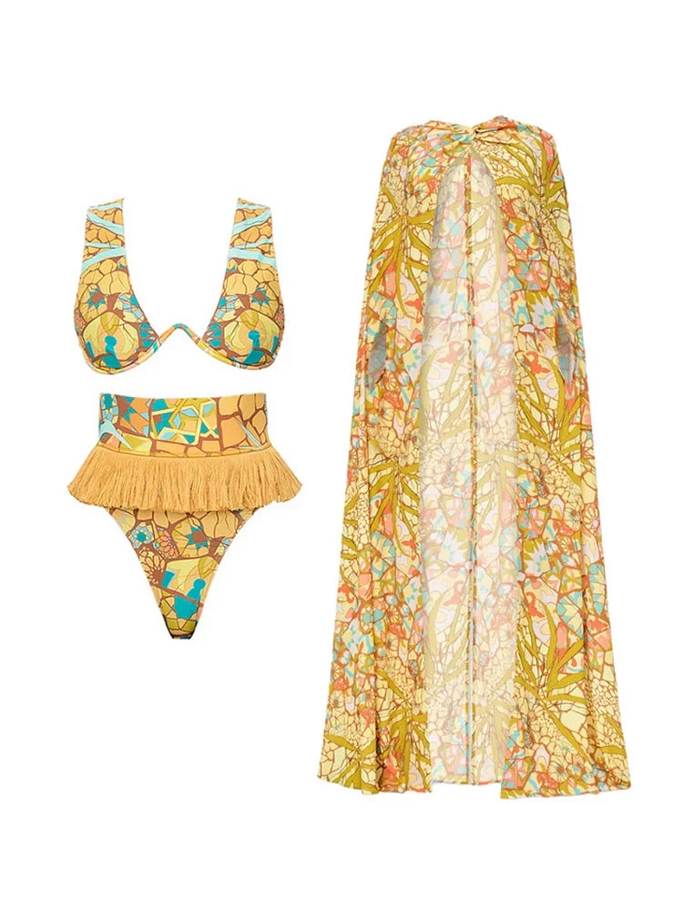 Boho Tassel Tribal Print Bikini Set